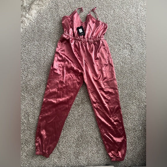 Fashion Nova Pants - Fashion Nova Pink Jumpsuit with Shiny Finish